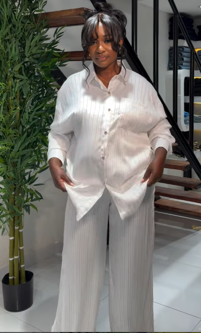 2 Piece Pant Set White Stripped  - XXL